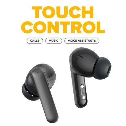 Dve bezdrôtové slúchadlá s dotykovým ovládaním zobrazujú funkcie: hovory, hudba a hlasoví asistenti. Slúchadlá sú čiernej farby a umiestnené na bielom pozadí.