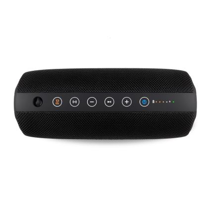 Prehrávač hudby s tlačidlami pre zapnutie/vypnutie, hlasitosť, Bluetooth, prehrávanie/pauza, a indikátorom stavu batérie, leží na bielom pozadí.