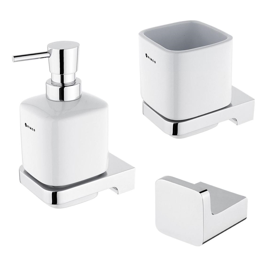 NIMCO MA set-31K-26 - Nástenný dávkovač mydla, stojanček na zubné kefky a nástenný háčik MAYA 320 ml biela/lesklý chróm