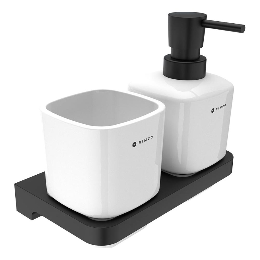 NIMCO MAC 2905831K-T-90 - Nástenný dávkovač mydla a stojanček na zubné kefky MAYA 320 ml biela/matná čierna