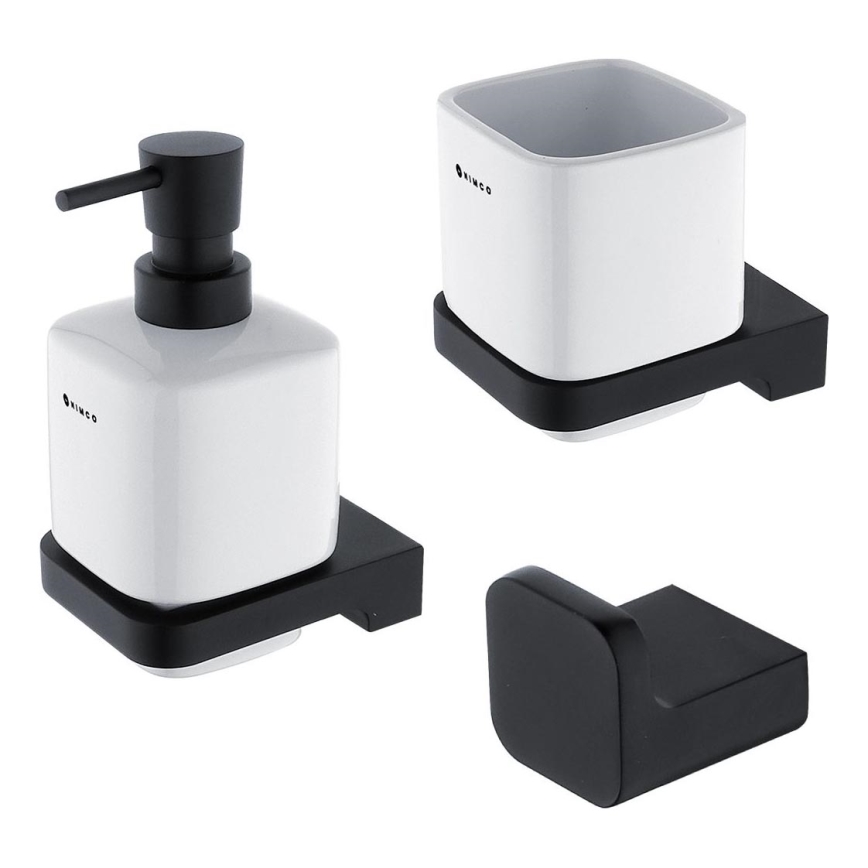 NIMCO MAC set-31K-T-90 - Nástenný dávkovač mydla, stojanček na zubné kefky a nástenný háčik MAYA 320 ml biela/matná čierna