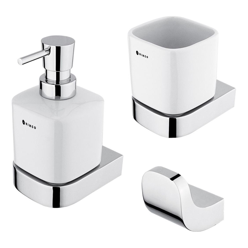 NIMCO NK set-31K-26 - Nástenný dávkovač mydla, stojanček na zubné kefky a nástenný háčik NIKAU 320 ml biela/lesklý chróm