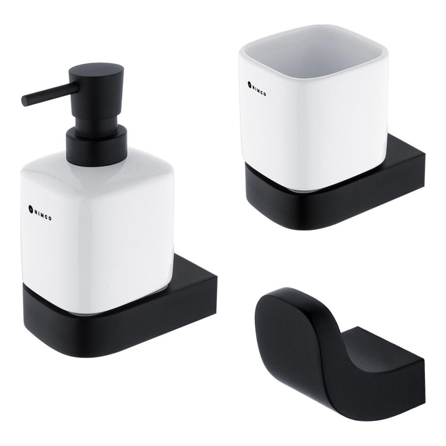 NIMCO NKC set-31K-T-90 - Nástenný dávkovač mydla, stojanček na zubné kefky a nástenný háčik NIKAU 320 ml biela/matná čierna