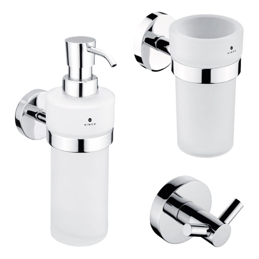 NIMCO UN set-31W-26 - Nástenný dávkovač mydla, stojanček na zubné kefky a nástenný háčik UNIX 250 ml matné sklo/lesklý chróm