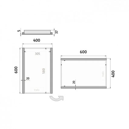 Technický výkres zobrazuje obdĺžnikové zrkadlo s rozmermi 600x400 mm a vnútorným priestorom 580x305 mm. Zrkadlo je orámované, s označením trafo. Súčasťou výkresu je aj detail nástenného uchytenia.