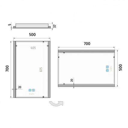 Technický výkres zrkadla s rozmermi 700x500 mm a vnútorným rozmerom 675x405 mm. Zrkadlo má označenie trafo a symboly. Súčasťou je aj výkres montážnej lišty s rozmermi 500x37 mm.