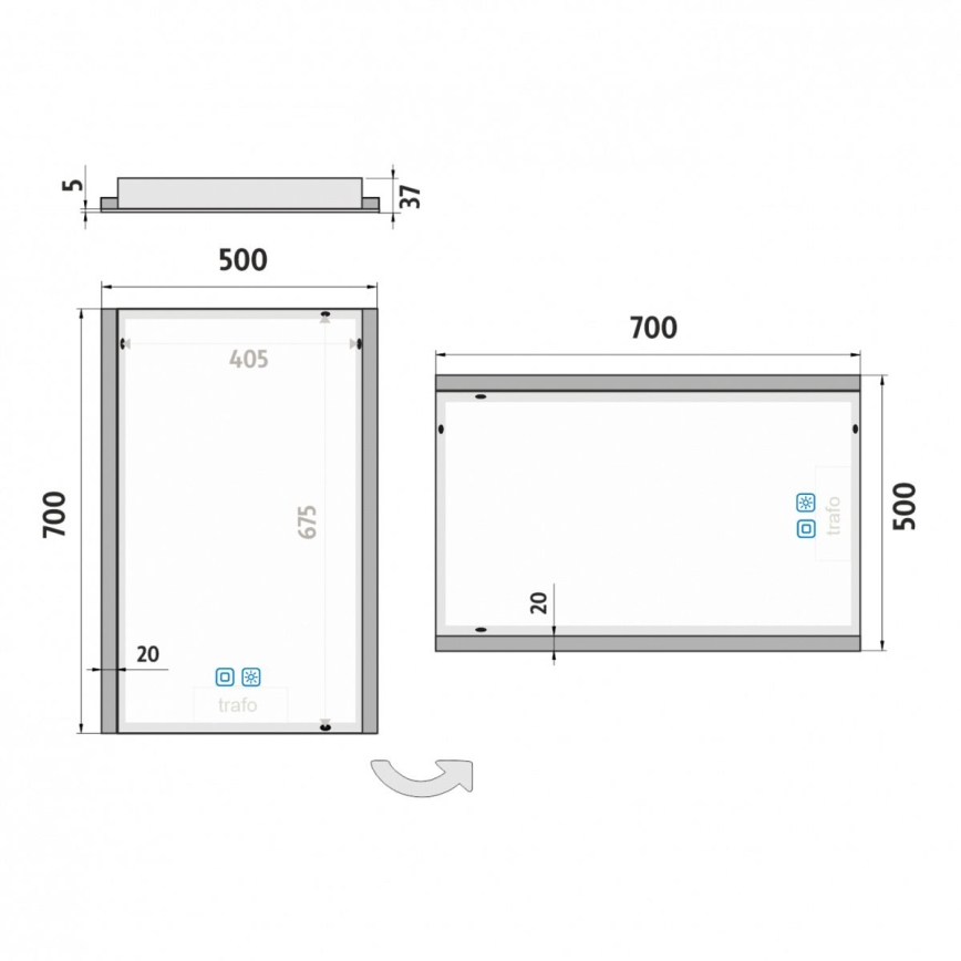 Technický výkres zrkadla s rozmermi 700x500 mm a vnútorným rozmerom 675x405 mm. Zrkadlo má označenie trafo a symboly. Súčasťou je aj výkres montážnej lišty s rozmermi 500x37 mm.