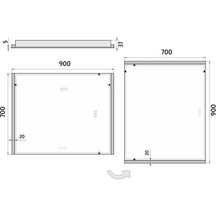 Technický výkres zrkadla s rozmermi 700 x 900 mm a vnútorným rozmerom 680 x 800 mm, obsahuje označenie trafo. Súčasťou je aj výkres úchytu s rozmermi 900 x 37 mm.