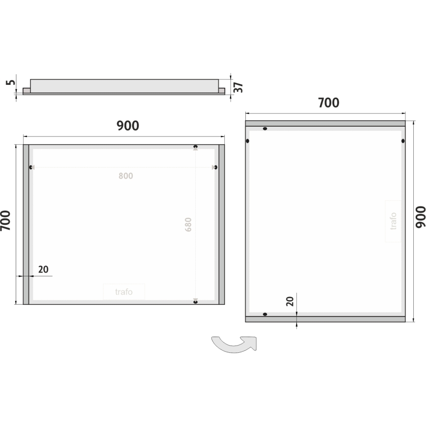 Technický výkres zrkadla s rozmermi 700 x 900 mm a vnútorným rozmerom 680 x 800 mm, obsahuje označenie trafo. Súčasťou je aj výkres úchytu s rozmermi 900 x 37 mm.