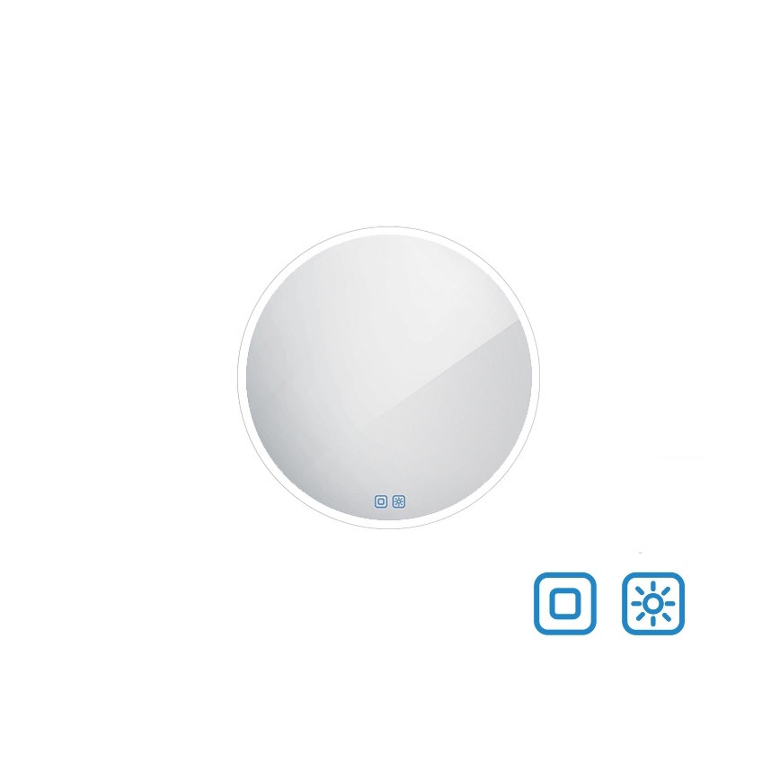 Okrúhle zrkadlo s podsvietením je zobrazené na bielom pozadí. Spodná časť zrkadla obsahuje dotykové ovládanie znázornené symbolmi štvorca a slnka.