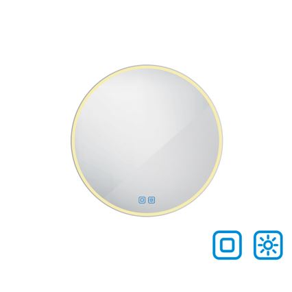 Okrúhle zrkadlo s LED podsvietením v svetložltej farbe je zobrazené na bielom pozadí. Na spodnej časti zrkadla sú dve ikony: štvorec a slnko.