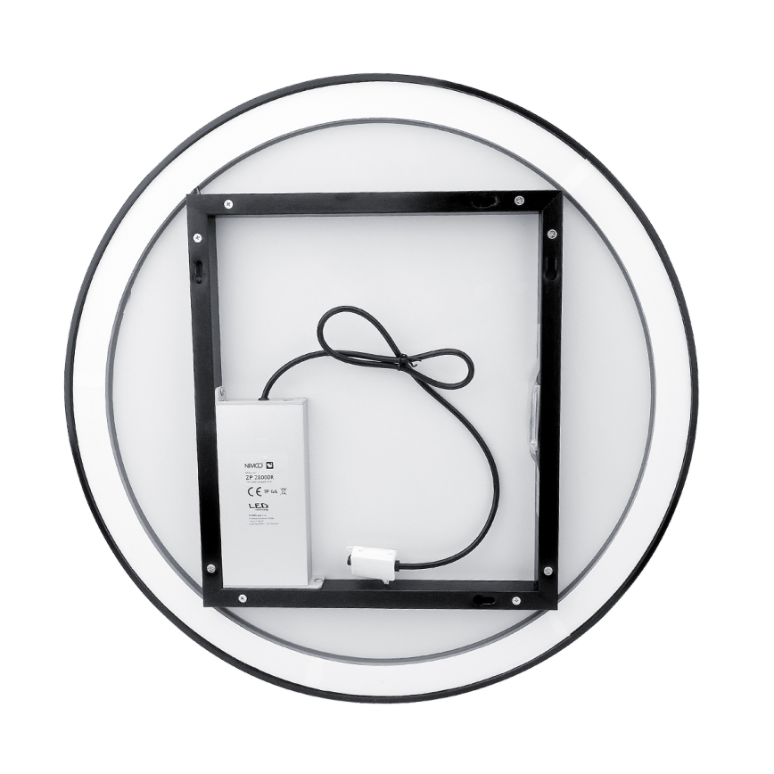 Kruhové LED svetlo je zobrazené zo zadnej strany. Je pripojené k čiernemu rámu a napájaciemu zdroju s označením MMCO 2P-18060-A, CE a LED. Viditeľný je aj kábel.