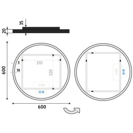 Technický výkres zobrazuje kruhový rám s vnútorným štvorcovým otvorom rozmerov 370 x 320 mm, umiestnený v kruhu s priemerom 600 mm. Obsahuje označenie „trafo“ a symboly. Súčasťou výkresu je aj horný pohľad na úzky obdĺžnik rozmerov 35 x 20 mm.