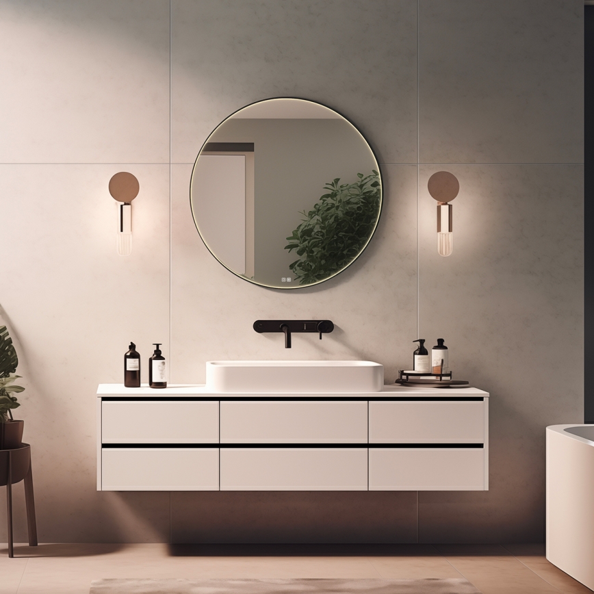 Okrúhle zrkadlo so svetlom je umiestnené nad umývadlom v kúpeľni. Vedľa zrkadla sú dve nástenné lampy. Pod zrkadlom je umývadlo s dvoma dávkovačmi mydla a nádobkou na doplnky.