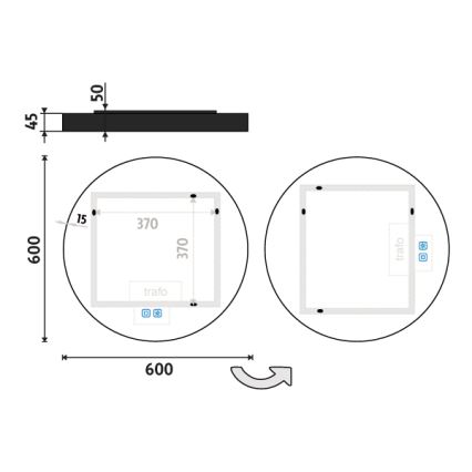 Technický výkres zobrazuje kruhový výrez s vnútorným štvorcovým otvorom rozmerov 370 x 370 mm, umiestnený vo väčšom kruhu s priemerom 600 mm. Výkres obsahuje označenie trafo a symboly. Doplnený je rozmermi a šípkou naznačujúcou rotáciu.