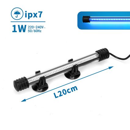 LED diódová trubica s dĺžkou 20 cm je pripevnená na priehľadnom podklade pomocou prísaviek. Je napájaná z elektrickej siete 220-240V, 50/60Hz, má 1W výkon a stupeň krytia IPX7.