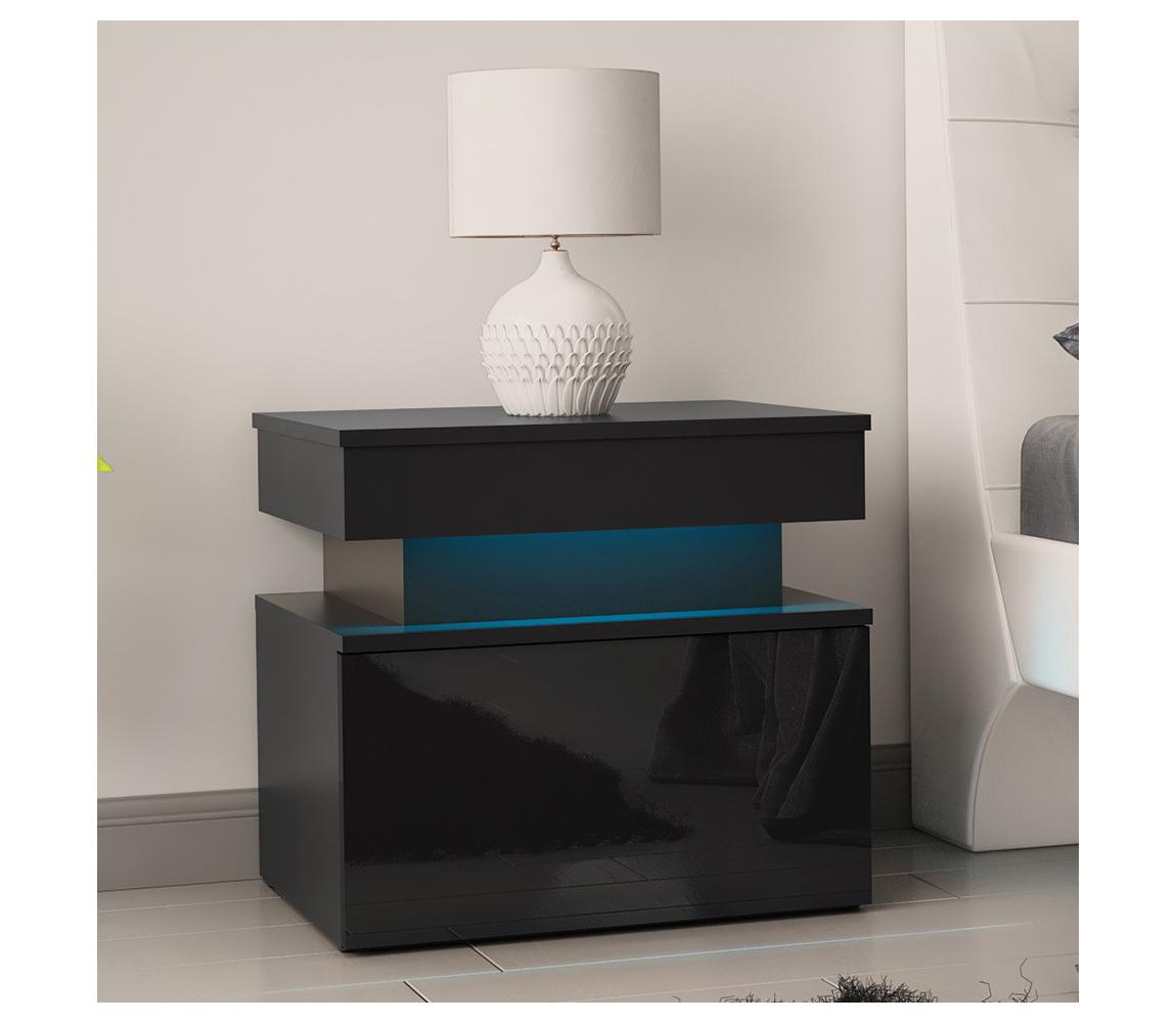MIRJAN 24 Nočný stolík s LED osvetlením GLOSSA 55x51 cm čierna/lesklá čierna