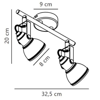 Dvojité nástenné svietidlo s dvoma otočnými reflektormi je pripevnené na stropnej tyči. Rozmery: celková šírka 32,5 cm, výška 20 cm, priemer tienidla 8 cm, dĺžka stropnej konzoly 9 cm.