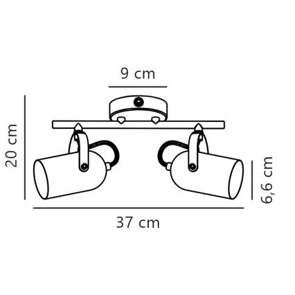Dvojité nástenné svietidlo s valcovými tienidlami je pripevnené na stropnú lištu. Rozmery: celková šírka 37 cm, výška 20 cm, priemer tienidla 6,6 cm, výška základne 9 cm.