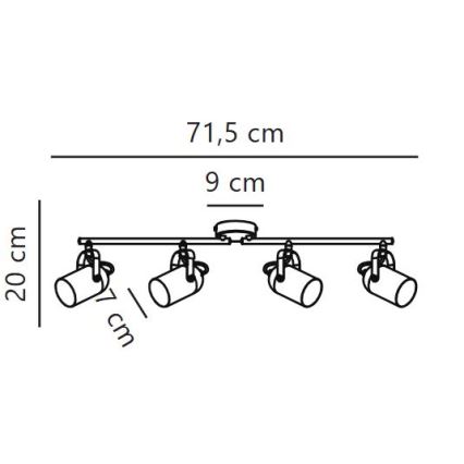 Trojramenné stropné svietidlo s valcovými reflektormi je pripevnené k stropu. Rozmery: celková dĺžka 71,5 cm, výška 20 cm, priemer reflektora 7 cm, výška úchytu 9 cm.