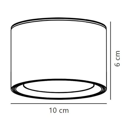 Svietidlo s valcovým tienidlom, s priemerom 10 cm a výškou 6 cm, je znázornené v čiernobielej schéme s rozmermi.