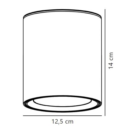 Valcovité stropné svietidlo je zobrazené v čiernobielej schéme. Svietidlo má rozmery 12,5 cm v priemere a 14 cm na výšku.
