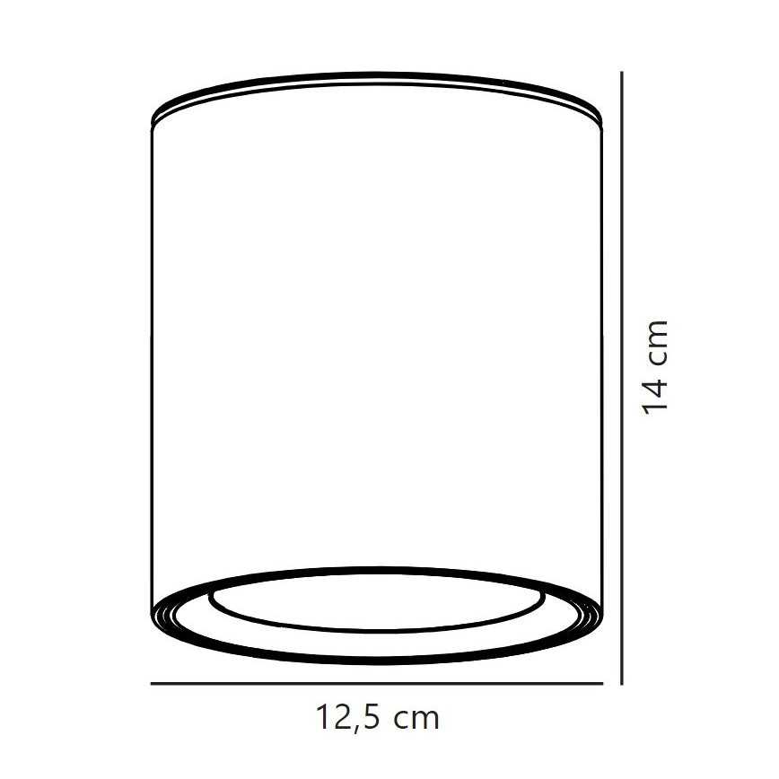 Valcovité stropné svietidlo je zobrazené v čiernobielej schéme. Svietidlo má rozmery 12,5 cm v priemere a 14 cm na výšku.