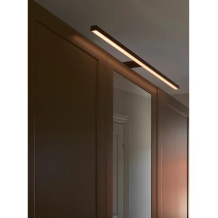 Dlhá, úzka LED lampa svieti nad zrkadlom umiestneným medzi tmavohnedými dverami v interiéri.