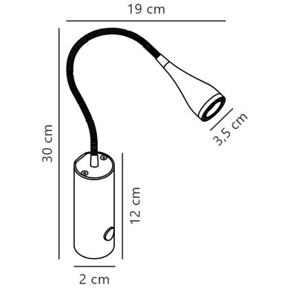 Svietidlo s pružným ramenom o dĺžke 19 cm a valcovou základňou (12x2 cm) svieti. Celková výška svietidla je 30 cm, priemer svetla 3,5 cm.