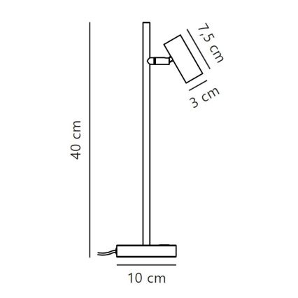 Stolová lampa s výškou 40 cm svieti. Má štvorcovú základňu s rozmermi 10 cm a obdĺžnikové tienidlo (7,5 cm x 3 cm).