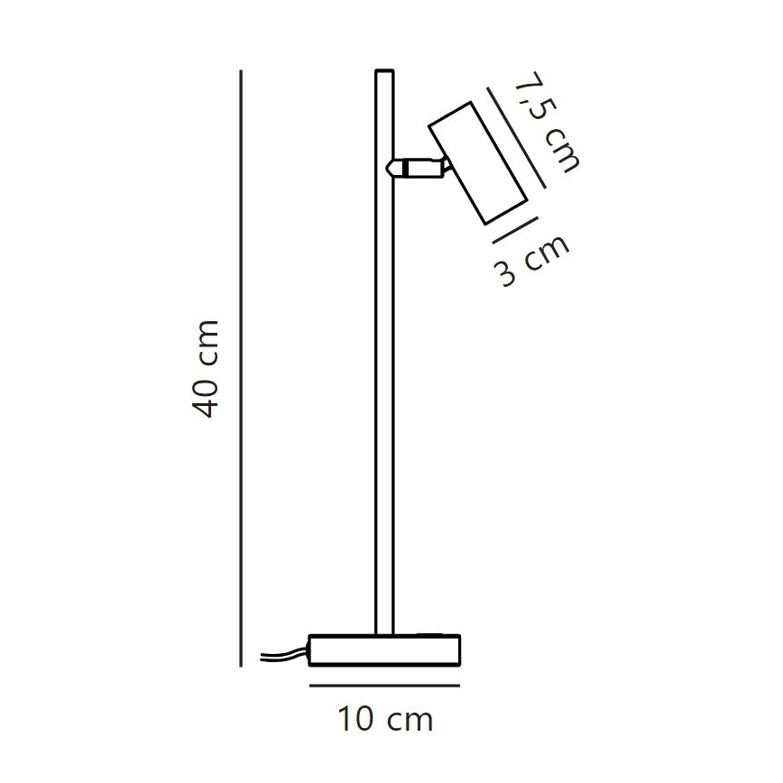 Stolová lampa s výškou 40 cm svieti. Má štvorcovú základňu s rozmermi 10 cm a obdĺžnikové tienidlo (7,5 cm x 3 cm).
