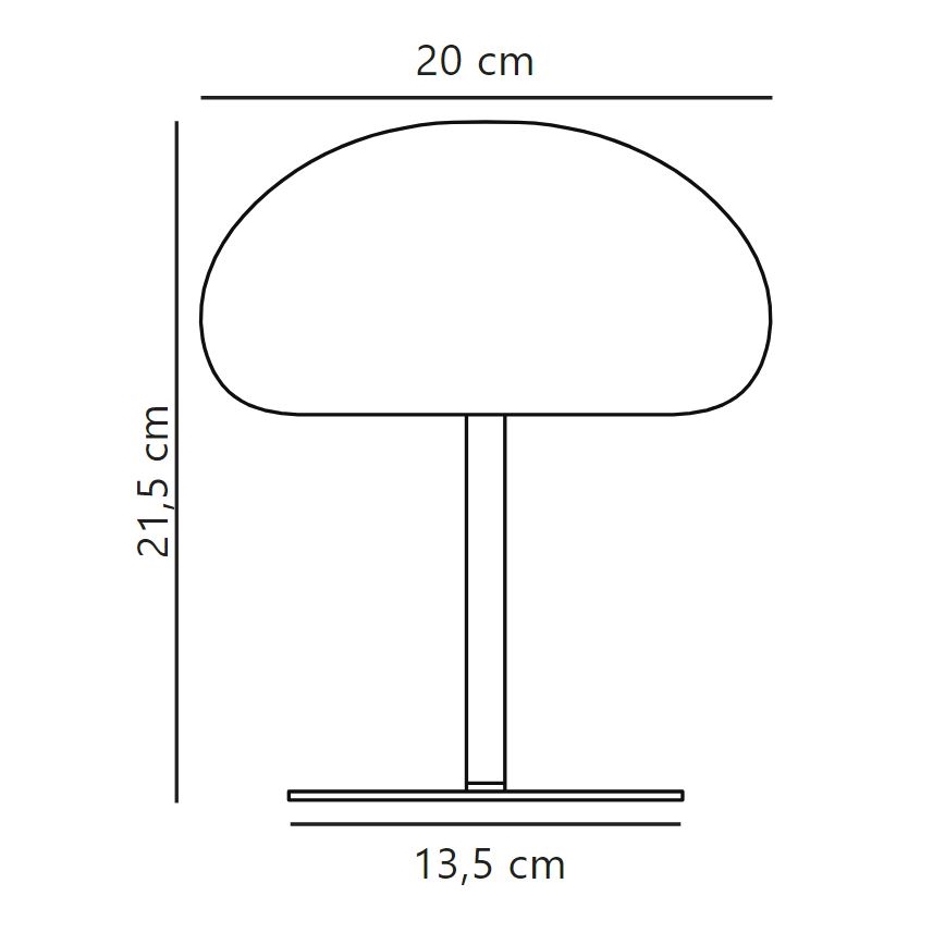 Stolová lampa s polkruhovým tienidlom stojí na štíhlej nohe s malou podstavou. Rozmery: tienidlo 20 cm (šírka), 21,5 cm (výška), podstava 13,5 cm (šírka).