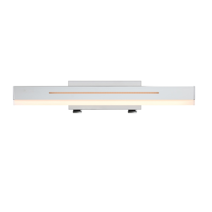 Stropná LED lampa svieti na bielom pozadí. Dlhý, strieborný kovový rám s integrovanou LED lištou v strede. Lampa je pripevnená k stene pomocou dvoch malých držiakov.