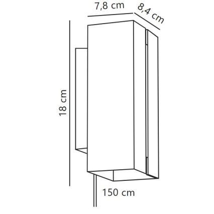 Nástená lampa s rozmermi 7,8 cm x 8,4 cm x 18 cm je znázornená v čiernobielej technickej kresbe s rozmermi kábla 150 cm. Lampa je umiestnená na stene.
