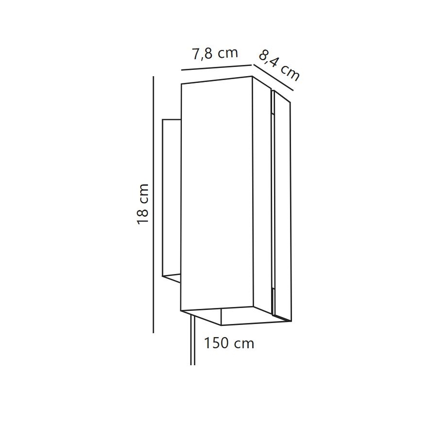 Nástená lampa s rozmermi 7,8 cm x 8,4 cm x 18 cm je znázornená v čiernobielej technickej kresbe s rozmermi kábla 150 cm. Lampa je umiestnená na stene.