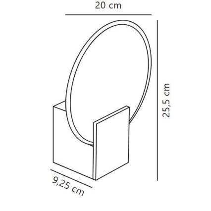 Zrkadlo v kruhovom ráme je umiestnené na štvorcovom podstavci. Rozmery: priemer zrkadla 20 cm, výška 25,5 cm, šírka podstavca 9,25 cm.
