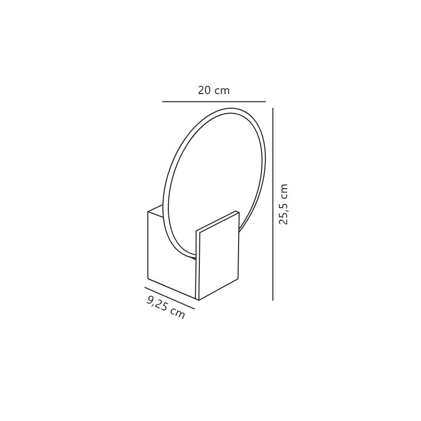 Zrkadlo v kruhovom ráme je umiestnené na štvorcovom podstavci. Rozmery: priemer zrkadla 20 cm, výška 25,5 cm, šírka podstavca 9,25 cm.