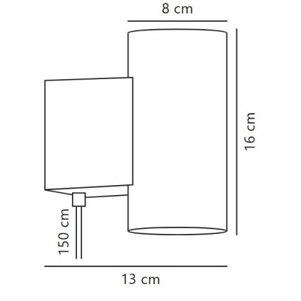 Nástenna lampa s valcovým tienidlom (priemer 8 cm, výška 16 cm) a štvorcovým tienidlom (výška 15 cm) je pripevnená na stenu. Celková šírka je 13 cm.