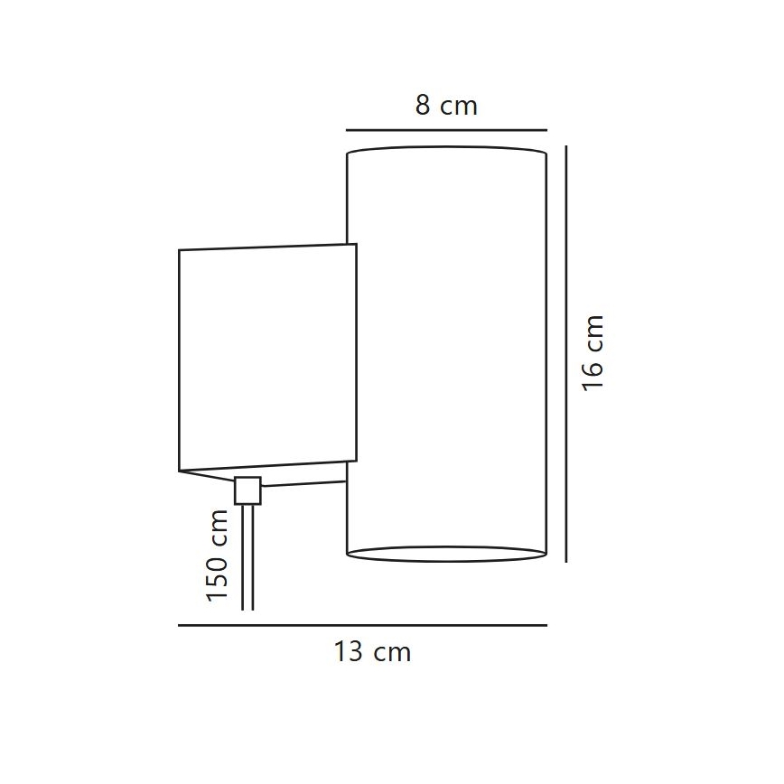 Nástenna lampa s valcovým tienidlom (priemer 8 cm, výška 16 cm) a štvorcovým tienidlom (výška 15 cm) je pripevnená na stenu. Celková šírka je 13 cm.