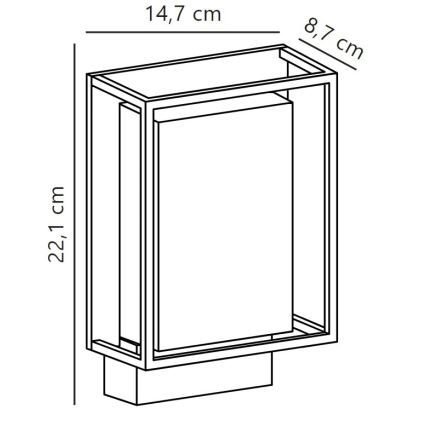 Nástená lampa je zobrazená v čiernobielej schéme s rozmermi: 22,1 cm na výšku, 14,7 cm na šírku a 8,7 cm na hĺbku. Lampa je umiestnená na stene.