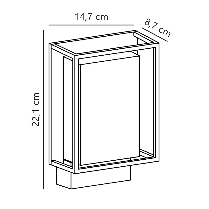 Nástená lampa je zobrazená v čiernobielej schéme s rozmermi: 22,1 cm na výšku, 14,7 cm na šírku a 8,7 cm na hĺbku. Lampa je umiestnená na stene.