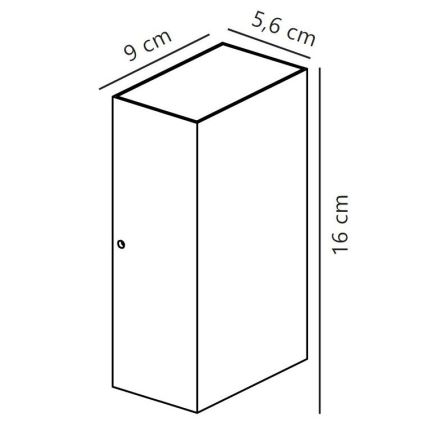 Obdĺžniková lampa je zobrazená v čelnom pohľade. Je znázornená s rozmermi: 9 cm x 5,6 cm x 16 cm. Na bočnej strane je malá bodka.