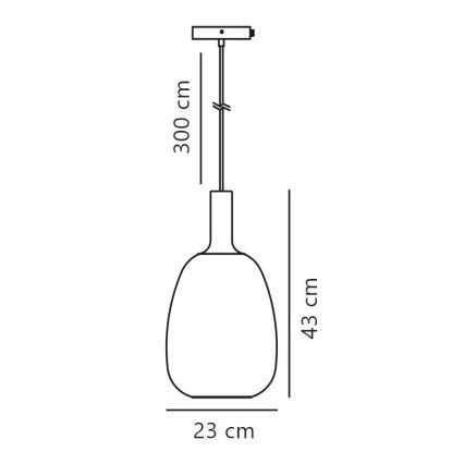 Závesné svietidlo visí zo stropu na 300 cm dlhom kábli. Svietidlo má oválny tvar, výšku 43 cm a šírku 23 cm.