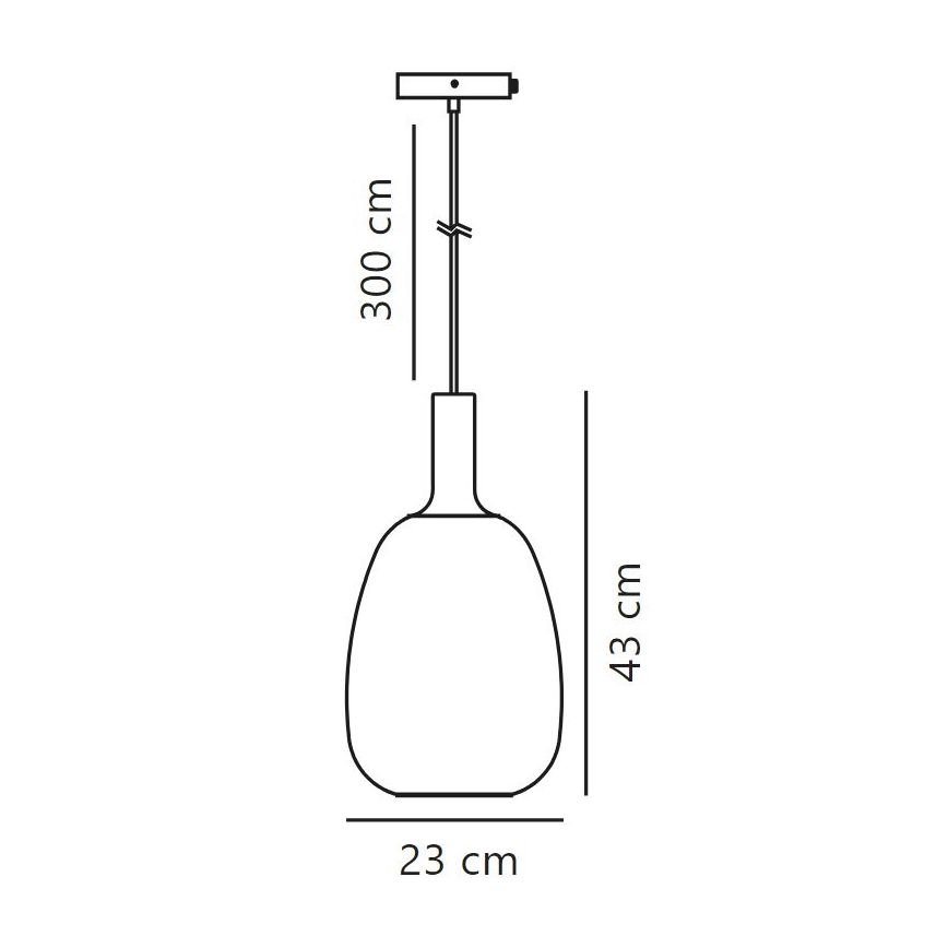 Závesné svietidlo visí zo stropu na 300 cm dlhom kábli. Svietidlo má oválny tvar, výšku 43 cm a šírku 23 cm.