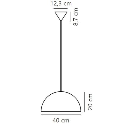 Závesné svietidlo s polkruhovým tienidlom (priemer 40 cm, výška 20 cm) visí na tenkej tyči z trojuholníkovej stropnej úchytky (šírka 12,3 cm, výška 8,7 cm).