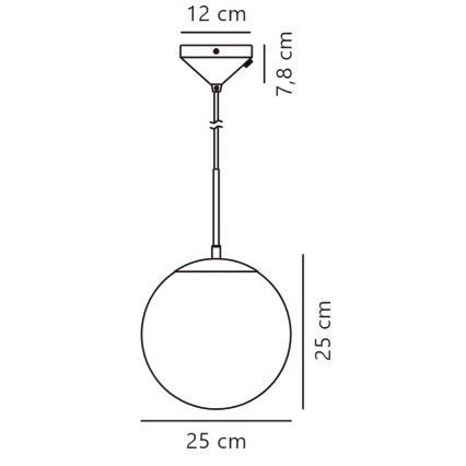 Závesné svietidlo s guľovou tienidlom visí zo stropu. Tienidlo má priemer 25 cm. Celková výška svietidla je 25 + 7,8 + 12 cm. Horná časť má priemer 12 cm a výšku 7,8 cm.