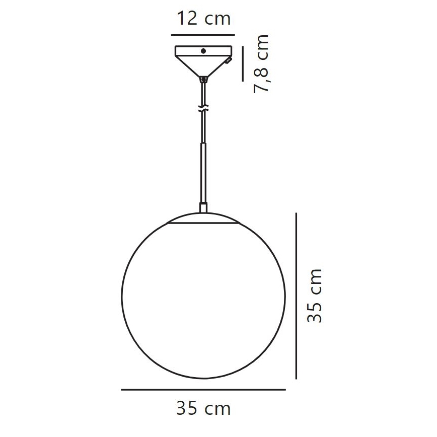 Závesné svietidlo s guľovým tienidlom visí zo stropu. Tienidlo má priemer 35 cm. Celková výška svietidla je 47,8 cm. Horná časť svietidla má priemer 12 cm.