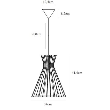 Závesné svietidlo s kužeľovitým tienidlom zo štíhlych paralelných lamiel visí na dlhom držiaku. Rozmery: priemer tienidla 34 cm, výška tienidla 41,4 cm, výška celého svietidla 200 cm, vrchný priemer 12,4 cm, výška vrchu 8,7 cm.