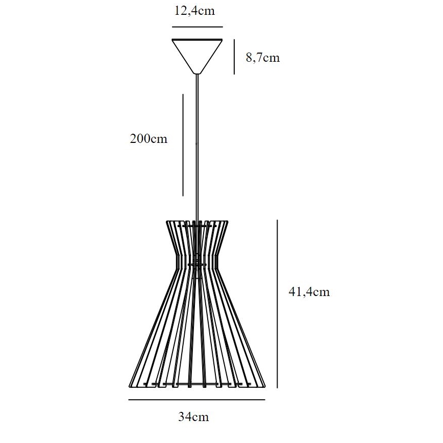 Závesné svietidlo s kužeľovitým tienidlom zo štíhlych paralelných lamiel visí na dlhom držiaku. Rozmery: priemer tienidla 34 cm, výška tienidla 41,4 cm, výška celého svietidla 200 cm, vrchný priemer 12,4 cm, výška vrchu 8,7 cm.