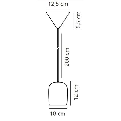 Závesné svietidlo visí z trojuholníkového tienidla. Tienidlo má rozmery 12,5 cm v priemere a 8,5 cm vo výške. Svietidlo má oválny tvar, výšku 12 cm a šírku 10 cm. Celková dĺžka je 200 cm.